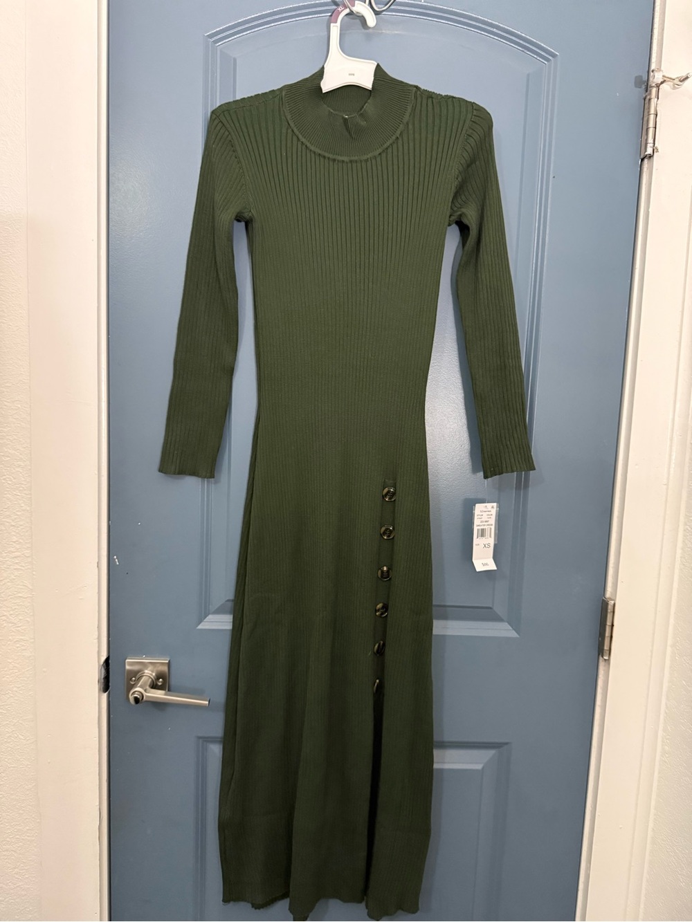 Olive Green Ribbed Maxi Dress with Side Button Slit